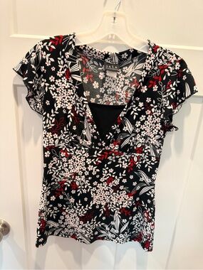 JKLA California Small Black Red Floral Empire Waist V-Neck Y2K Top